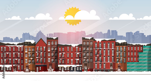 Vector Art Frozen Urban Scene. snow covered street in Brooklyn during a blizzard