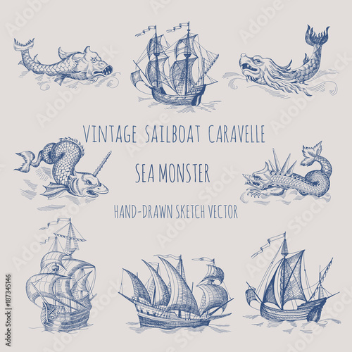 Old caravel, vintage sailboat. Sea monster. Hand drawn vector sketch.