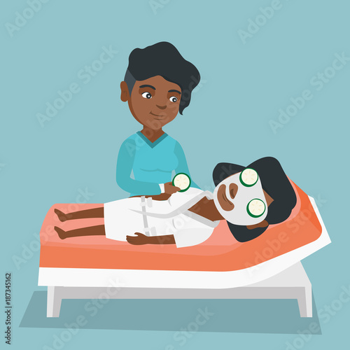 Young african-american cosmetologist applying cosmetic mask on the face of a woman in a beauty salon. Woman with mask on the face relaxing in a beauty salon. Vector cartoon illustration. Square layout