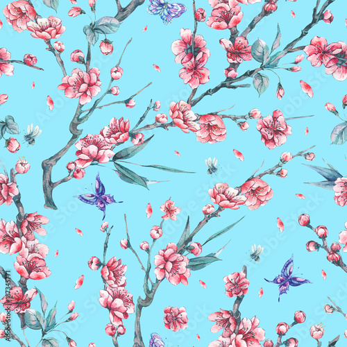 Watercolor seamless pattern with blooming branches of cherry