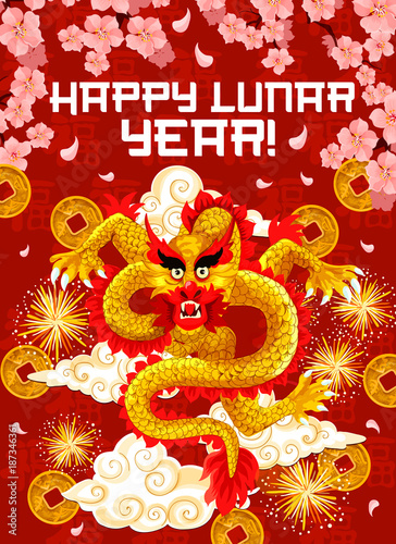 Chinese New Year dragon and firework greeting card