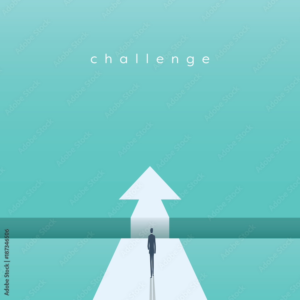 Business challenge concept with businessman walking towards gap. Symbol of success, opportunity, overcoming, ambition and courage.
