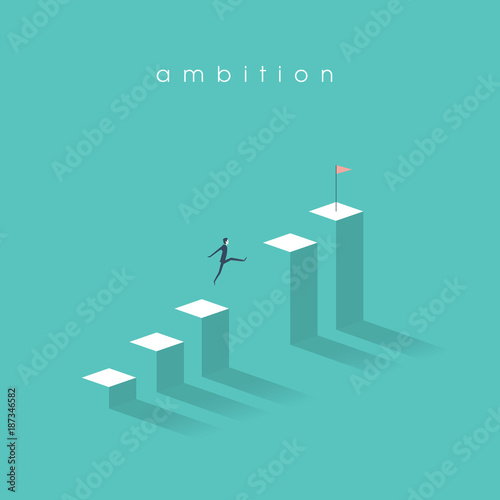 Business ambition vector concept with businessman jumping over gap and moving up on graph. Symbol of motivation, confident thinking, success, opportunity.