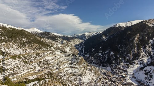 Pan timelapse panoramic over village of Canillo view observation deck, in Roc Del Quer trekking trail. Canillo.