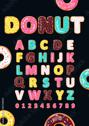Font of donuts. Bakery sweet alphabet. Letters and numbers with pink, yellow, blue donut. Donut's glaze. Vector poster