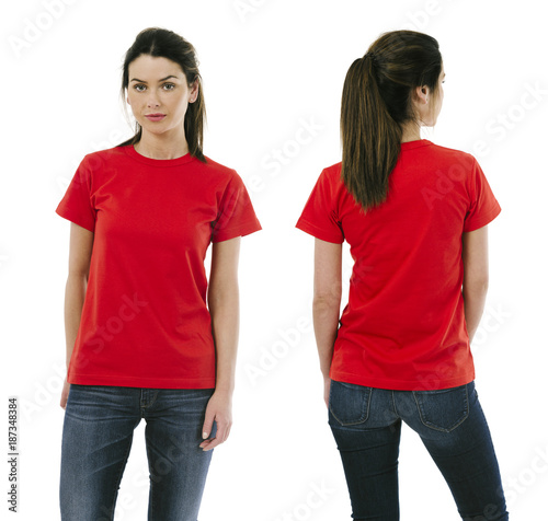 Brunette woman wearing blank red shirt