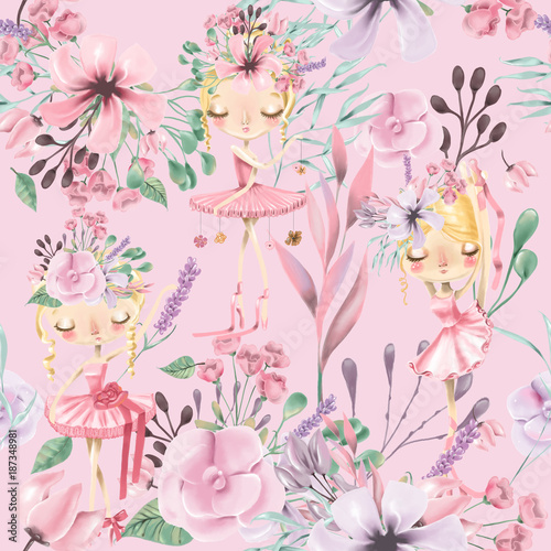 Beautiful watercolor floral seamless pattern with cute ballet girls, ballerinas. Abstract roses, peony, lilacs and branches on pink background