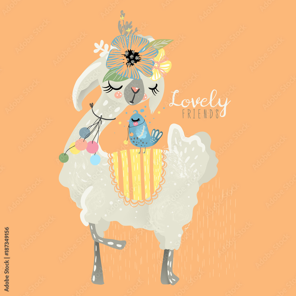 Cute llama with floral wreath, flowers bouquet, pom poms (pom-pom, pompom) and blue adorable little baby bird. Lovely friends animals Stock Vector | Adobe Stock Cute llama with floral wreath, flowers bouquet, pom poms (pom-pom, pompom) and blue adorable little baby bird. Lovely friends animals Stock Vector | Adobe Stock
