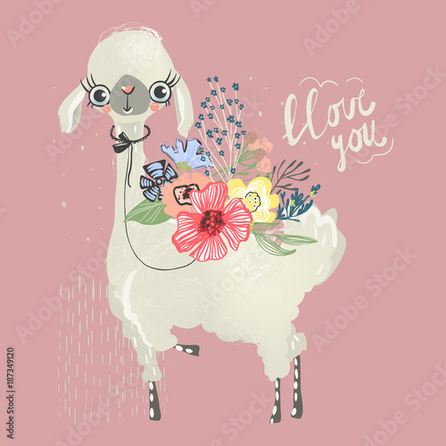 Cute baby animal llama, alpaca with flowers, floral bouquet, tied bow and lettering