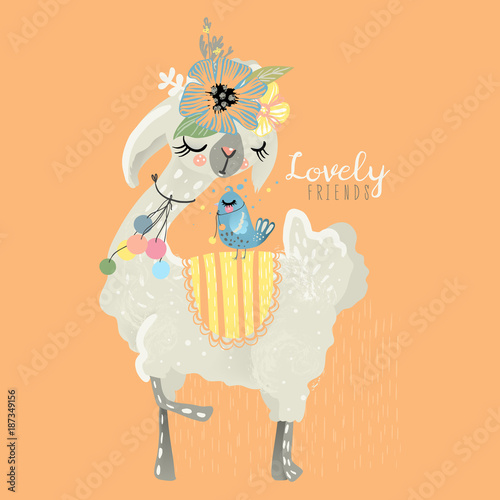 Cute llama with floral wreath, flowers bouquet, pom poms (pom-pom, pompom) and blue adorable little baby bird. Lovely friends animals