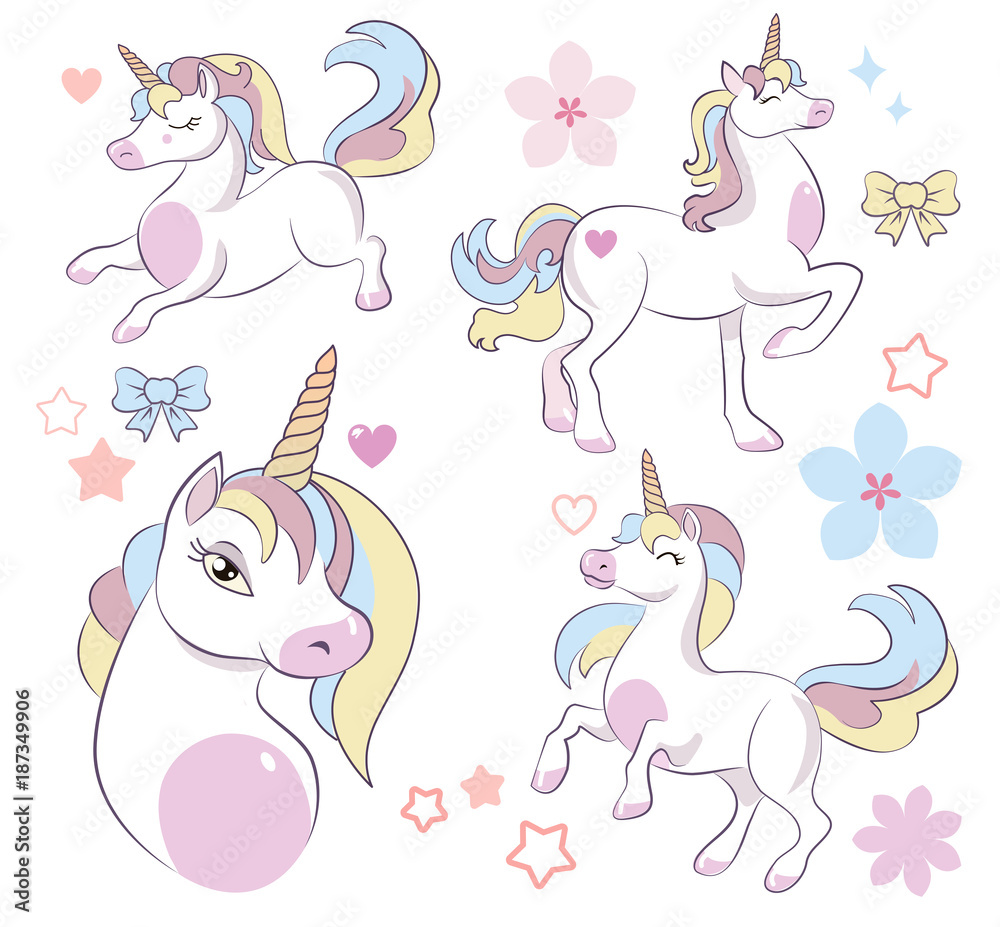 Fototapeta premium Set of cute white unicorn, cartoon, vector illustration, head portrait sticker