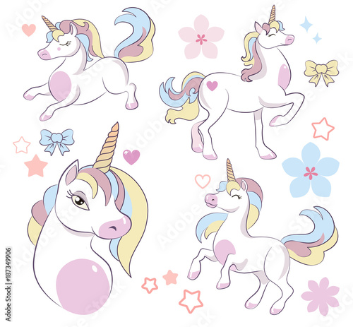 Set of cute white unicorn, cartoon, vector illustration, head portrait sticker