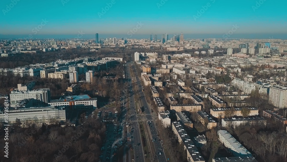 Aerial view of Warsaw skyline on a sunny winter day, Poland