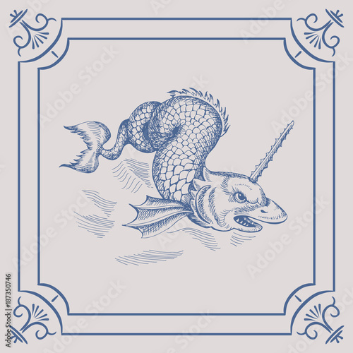 Mythological vintage sea monster on the Blue Dutch tile. Imitation. Glazed porcelain ceramic.