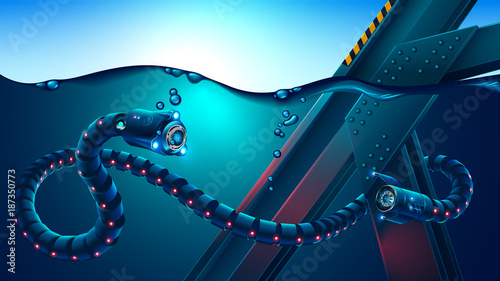 Autonomous underwater robot snake surveys underwater metal constructions. Biomorphic mechanism explores ocean in autonomous mode or remotely operated. Robot streaming video. Future technology concept.