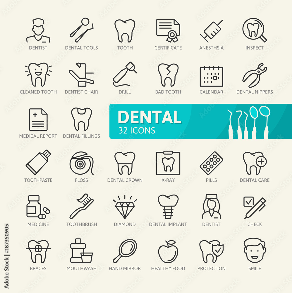 Dental elements - minimal thin line web icon set. Outline icons collection. Simple vector illustration. Dental elements - minimal thin line web icon set. Outline icons collection. Simple vector illustration.