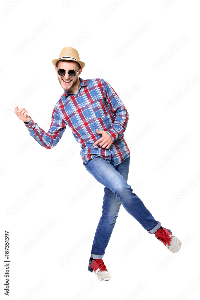 Portrait of young man with sunglasses and hat on white background Portrait of young man with sunglasses and hat on white background