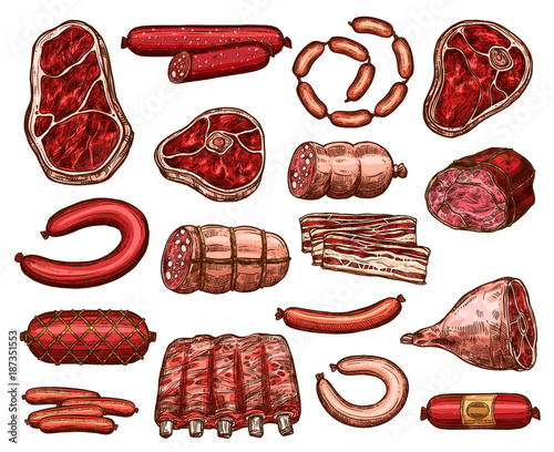 Fresh meat and sausage sketch for food design
