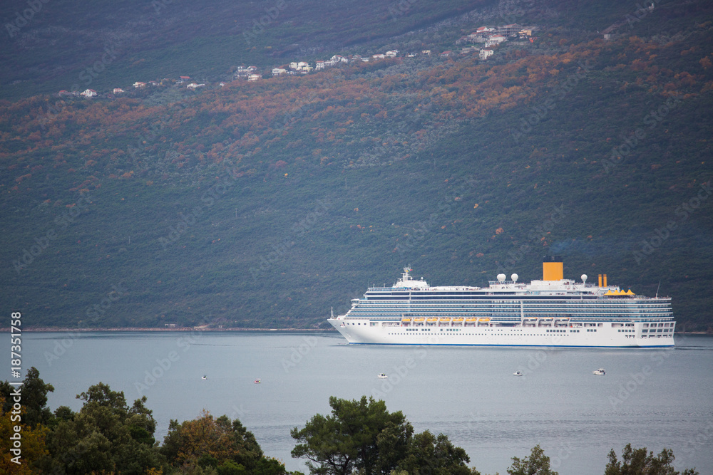 Cruise liner floats in Kotor Bay in Montenegro