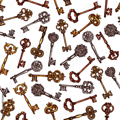 Vintage brass keys vector seamless pattern