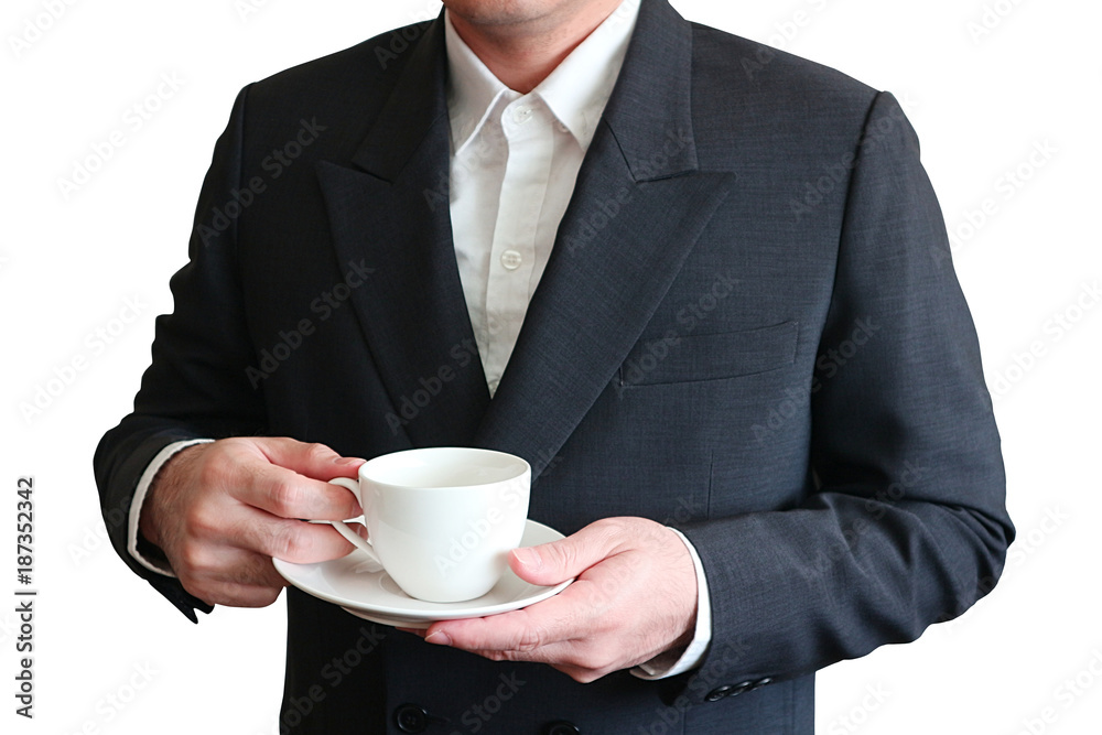Business man hold coffee cup on hands isolated on white background Business man hold coffee cup on hands isolated on white background