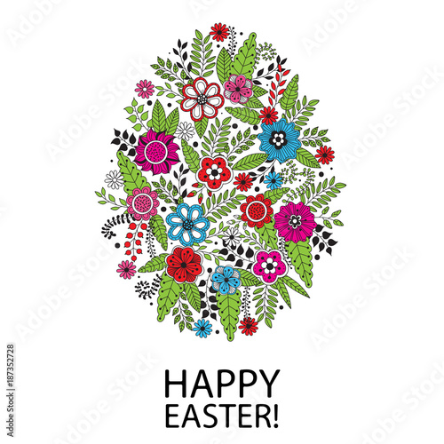 Vector Easter background with egg from doodle floral elements: flowers, leaves, branches, berries, Bright holiday card. Childish background in cartoon style. Spring easter egg