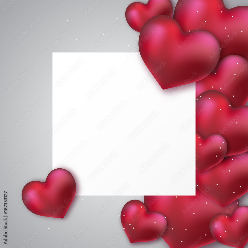 Glossy red hearts with white paper. Valentines day holiday sign. Vector illustration, heart shape. Festive decoration element. Love concept. Minimalistic design