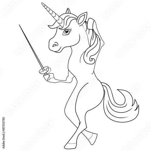 Coloring book  unicorn fencer. Cartoon style. Isolated image on white background. Clip art for children. 
