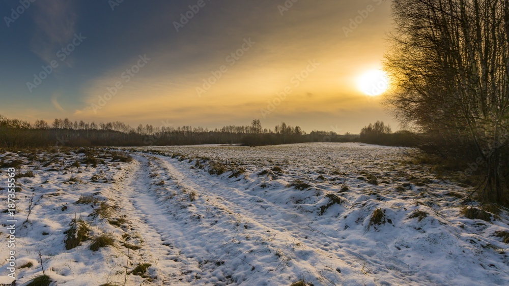 Winter meadows with snow. Beautiful polish landscape.