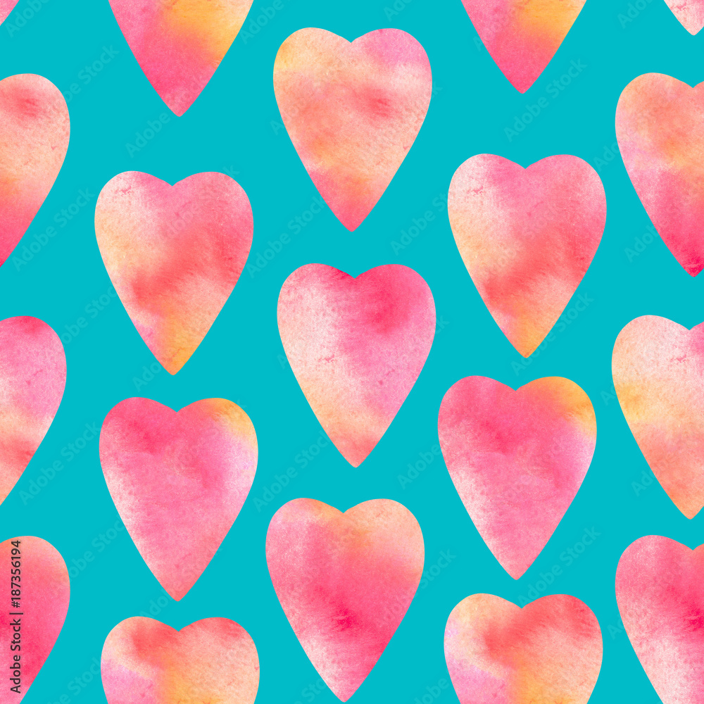 Abstract watercolor hearts seamless pattern. Print of bright pink on turquoise heart shaped. Happy Valentines Day 14th february poster. Can be used for background, pattern fills, surface textures.