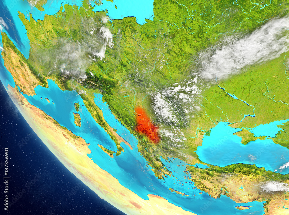 Satellite view of Serbia in red