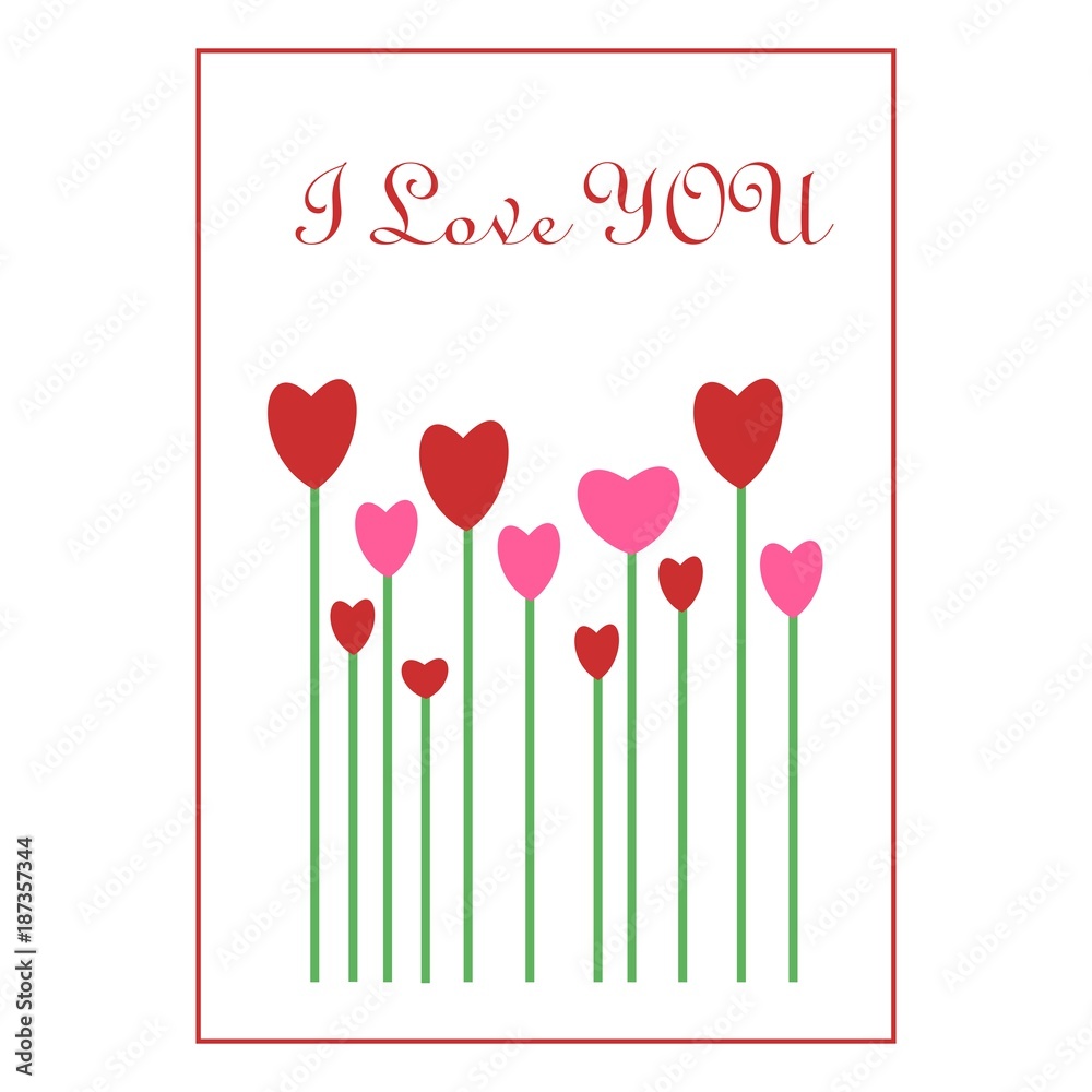 Postcard Valentine's Day. Stylized hearts on the stems. For paper, textile, postcards, wedding