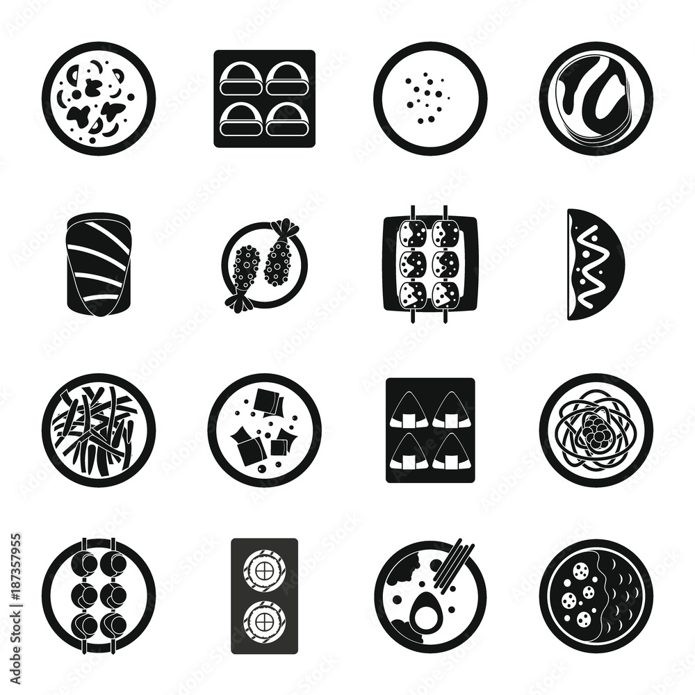 Japan food icons set, simple style Japan food icons set, simple style