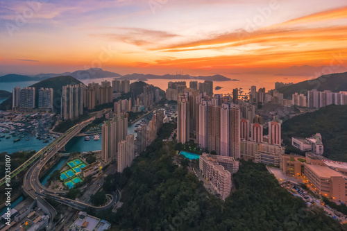 Panoramic Aerial View of a Stunning Sunset over Aberdeen And Ap Lei Chau district of Hong Kong