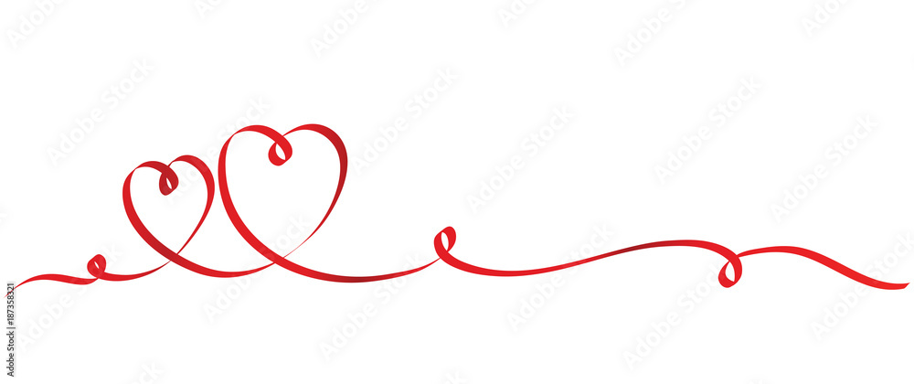 Calligraphy Two Red Heart Ribbon on White, Vector Stock Illustration