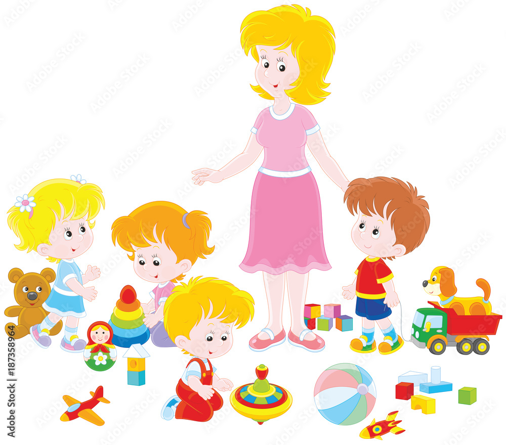Little boys and girls playing with toys around their young and cute kindergarten teacher, a vector illustration in cartoon style Little boys and girls playing with toys around their young and cute kindergarten teacher, a vector illustration in cartoon style