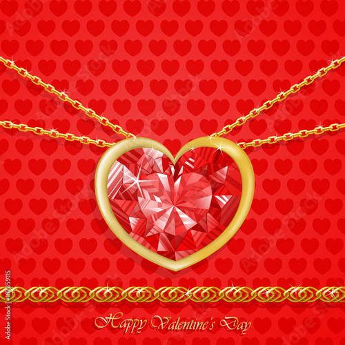 Diamond heart with golden chains on red backround