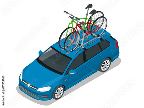 Isometric wagon car with two bicycles mounted on the roof rack. Flat style vector illustration isolated on white background.