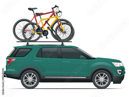 Side view suv car with two bicycles mounted on the roof rack. Flat style vector illustration isolated on white background.