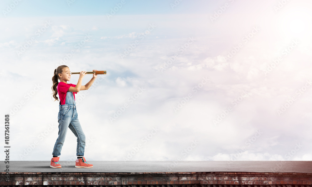 Concept of careless happy childhood with girl exploring this world Concept of careless happy childhood with girl exploring this world