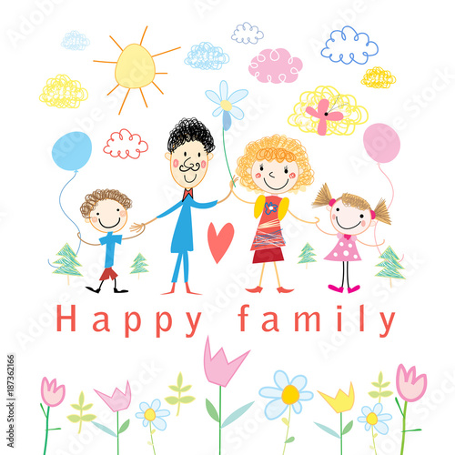 Cartoon baby drawing happy family