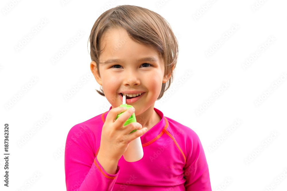 Little sick girl used medical spray for breath Little sick girl used medical spray for breath