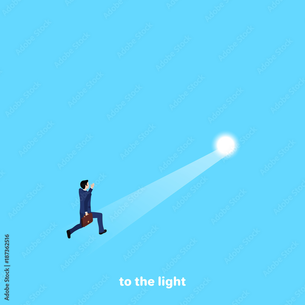 a man in a business suit runs to the light source, an isometric image a man in a business suit runs to the light source, an isometric image