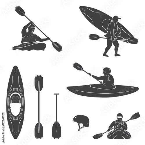 Set of extrema water sports equipment, kayaker and canoe silhouettes