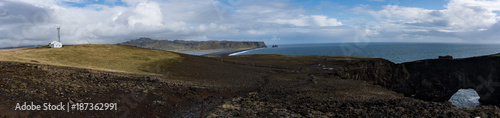 Panoramic view from the cliffs on the Vik black beach