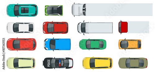 Cars view from above set. Vehicles driving in the city and service transport. Vector flat style illustration isolated on white background