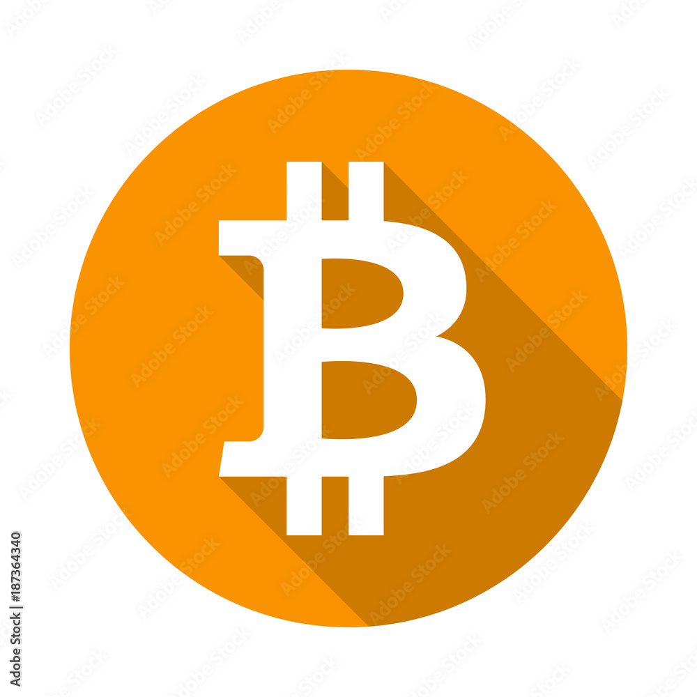 Bitcoin circle icon with long shadow. Flat design style. Crypto currency simple silhouette. Modern, minimalist, round icon in stylish colors. Web site page and mobile app design vector element.