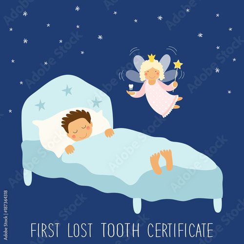 Cute hand drawn First Lost Tooth Certificate as sleeping kid and funny smiling cartoon character of tooth fairy