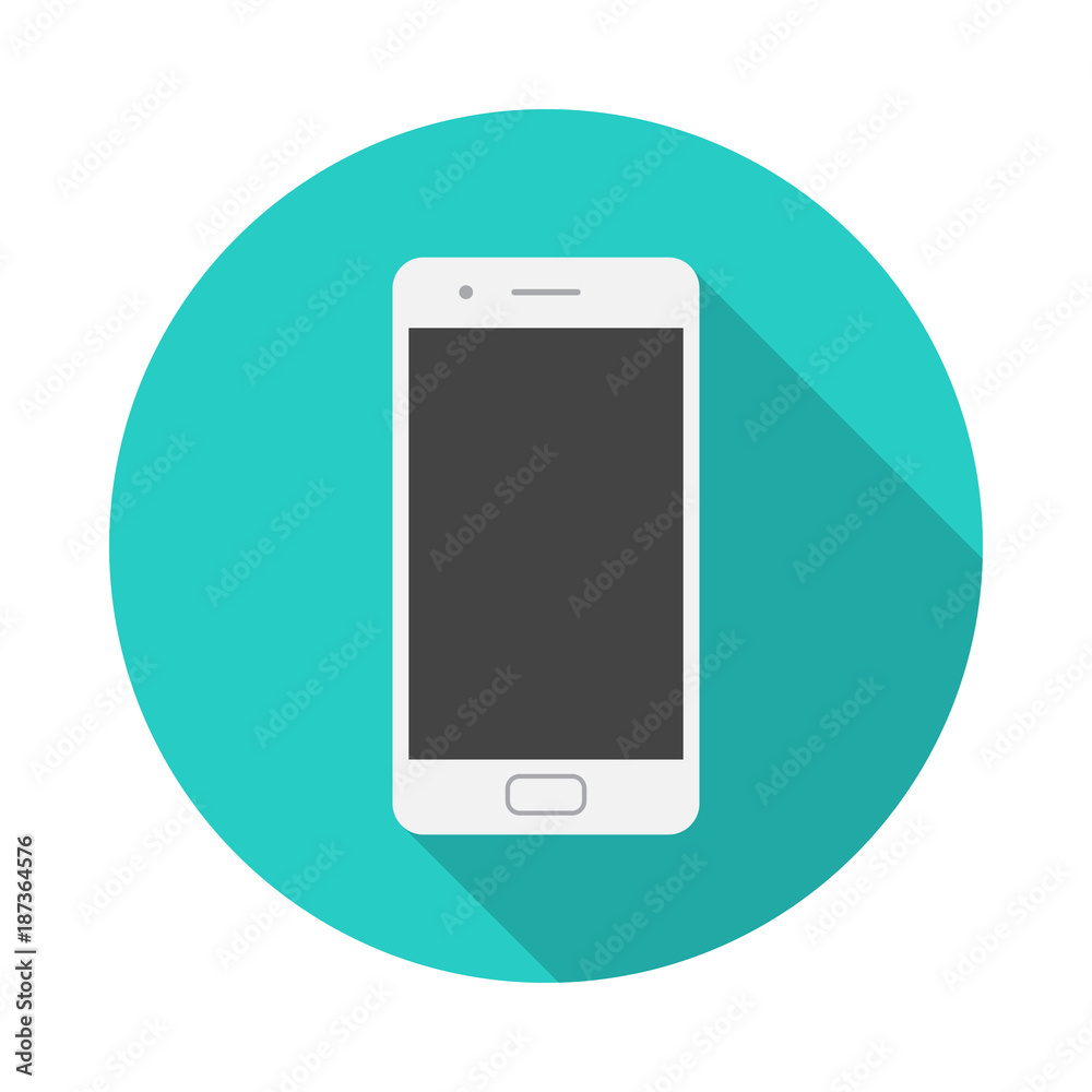Vettoriale Stock Mobile phone circle icon with long shadow. Flat design  style. Smart phone simple silhouette. Modern, minimalist, round icon in  stylish colors. Web site page and mobile app design vector element.
