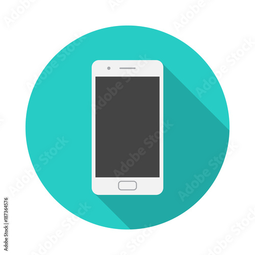 Mobile phone circle icon with long shadow. Flat design style. Smart phone simple silhouette. Modern, minimalist, round icon in stylish colors. Web site page and mobile app design vector element. photo